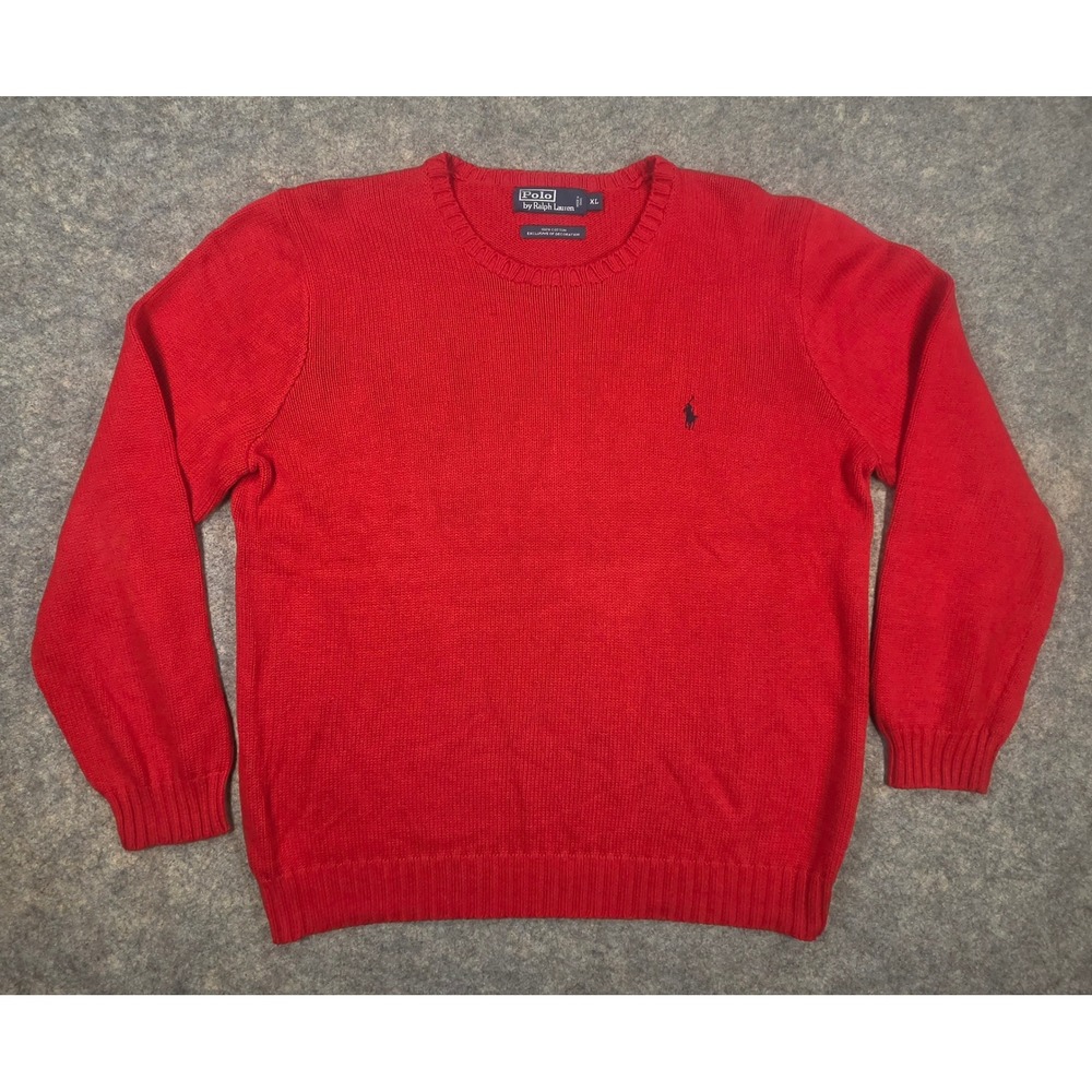 Vintage Polo Ralph Lauren Mens XL Red Cotton Crewneck Sweater Navy Pony LS